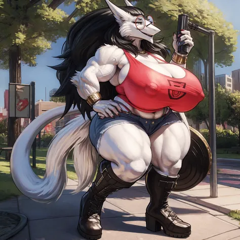 by darkgem, by duase, by BNG, by sligarthetiger, solo, 1girl, sergal, anthro, female, older woman, bodybuilder, muscular, thicc, heavy, (round glasses:1.4), (white fur:1.5), (black hair:1.3), (huge hair:1.2), furry body, wide body, wide hips, muscular thig...