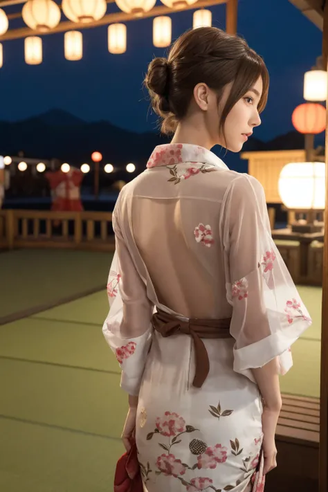 1 woman, hair up, short bob, 28 years old, Japanese, brown eyes, brown hair, slim figure, flat chest,
Blake
See-through yukata, summer festival, night, girls back view,