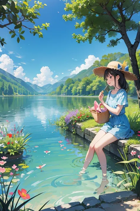 Two lively little girls，They all wore straw hats，Wear shorts and short sleeves。They sat by the clear pond and laughed。There is a delicate little basket on the shore，A few lively little fish can be vaguely seen jumping inside。。Surrounded by lush greenery an...