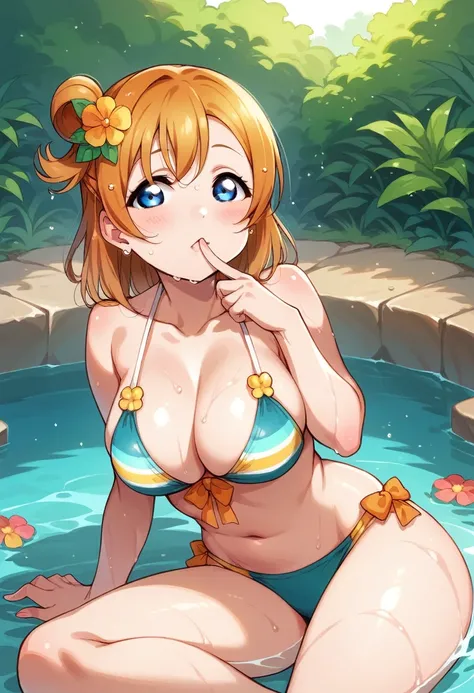 Honoka kousaka love live, blue eyes, orange hair,hair flower, solo, multilayer bikini,wet, sitting on ground,wariza,, finger to mouth big breasts 