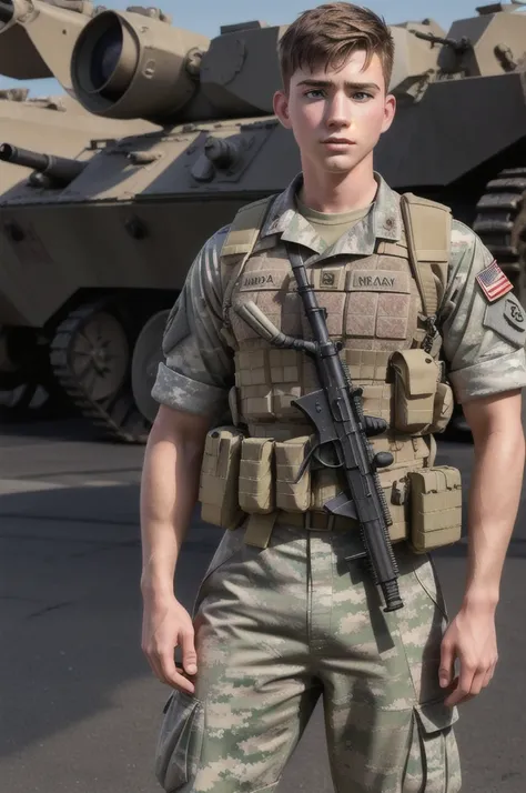 ((masterpiece)), ((best quality:1.2)), High Resolution, 8k, (ultra_realistic:1.3), (photorealistic:1.4), sharp focus, yaoi, 1boy, (perfect face), american soldier, caucasian, white man, handsome sexysoldier,,with military equipment,,name Donny.R with guns