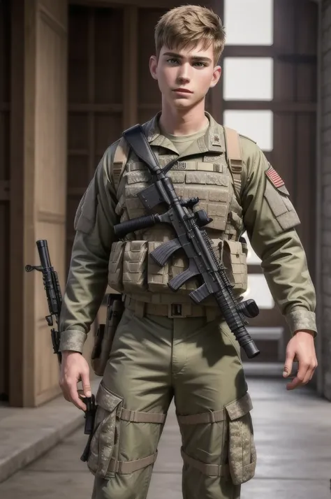 ((masterpiece)), ((best quality:1.2)), High Resolution, 8k, (ultra_realistic:1.3), (photorealistic:1.4), sharp focus, yaoi, 1boy, (perfect face), american soldier, caucasian, white man, handsome sexysoldier,,with military equipment,,name Donny.R with guns