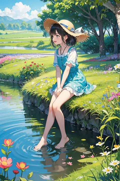 Two lively children，They all wore straw hats，Wear shorts and short sleeves，Sitting by the clear pond and laughing。There is a delicate little basket on the shore，A few lively little fish can be vaguely seen jumping inside。Surrounded by lush greenery and a v...