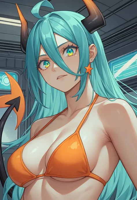 score_9, score_8_up, score_7_up,1 daemon woman, black  demon horns, black demon tail, (aquamarine hair),aquamarine green color hair,ahoge, long hair, (long hair),bangs, light orange bikini, bikini is orange, bikini orange, orange bikini!, (aquamarine eyes)...