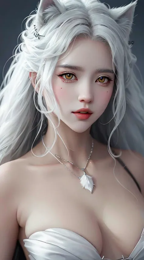 White wolf beast woman in anime style, 34D breasts
