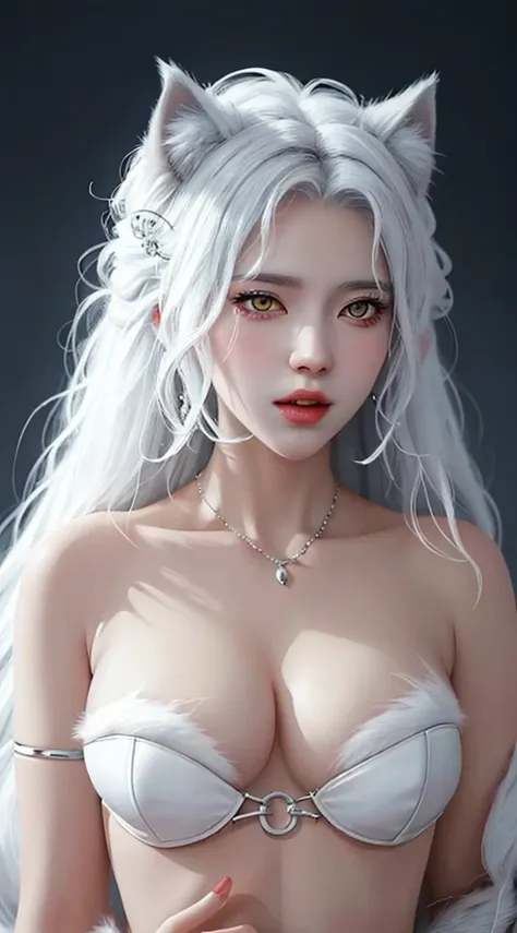 White wolf beast woman in anime style, 34D breasts
