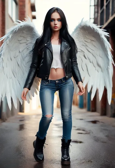 girl with long black hair. she has blue eyes and her skin is white. she’s wearing a black leather jacket, blue jeans, and she ha...