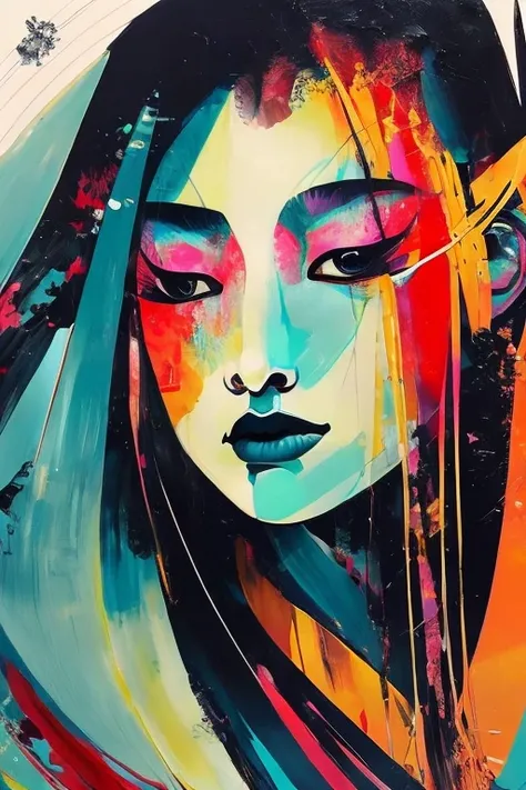 In the realm of art, a stunning traditional portrait of a captivating geisha gracefully emerges in abstract expressionism. The painting is brimming with dark, dramatic colors, creating an atmosphere of profound mystery and allure. Bold brushstrokes and a r...