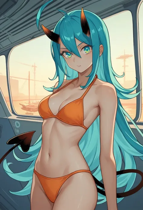 score_9, score_8_up, score_7_up,1 daemon woman, black  demon horns, black demon tail, (aquamarine hair),aquamarine green color hair,ahoge, long hair, (long hair),bangs, light orange bikini, bikini is orange, bikini orange, orange bikini!, (aquamarine eyes)...