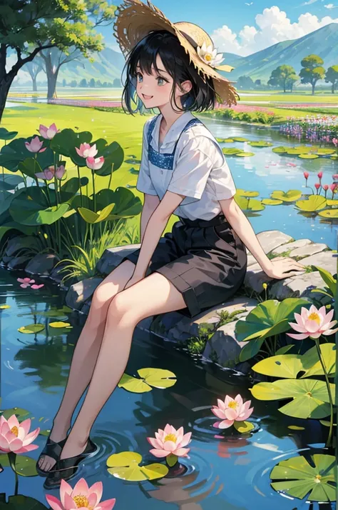 Several lively and cute children，Black hair，They all wore straw hats，They are wearing short sleeves and shorts，Roll up your trouser legs，Sitting by the clear pond and laughing，There are tall lotus leaves in the stream。Surrounded by lush greenery and a vast...