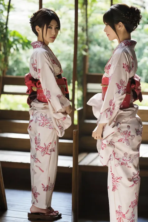 1 woman, hair up, short bob, 28 years old, Japanese, brown eyes, brown hair, slim figure, flat chest,
Blake
See-through yukata, summer festival, night, girls back view,