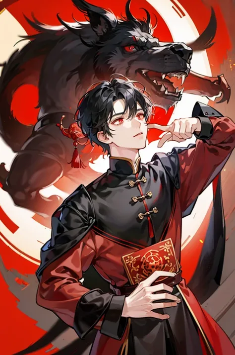 Black-haired man , Chinese style red dress , Sect master , Bright theme , slide , red eyes 