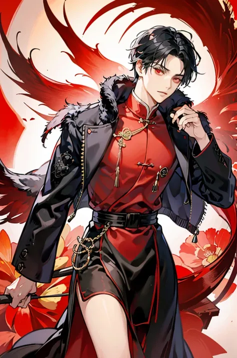 Black-haired man , Chinese style red dress , Sect master , Bright theme , slide , red eyes 