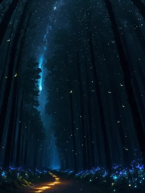 fireflies flying in the night sky above a forest path, fireflies and sparkling wisps, magical forest with fireflies, glowing fireflies, fireflies!!!!, firefly forest at night, fireflies!!, cozy night fireflies, fireflies around, fireflies glowing, fireflie...