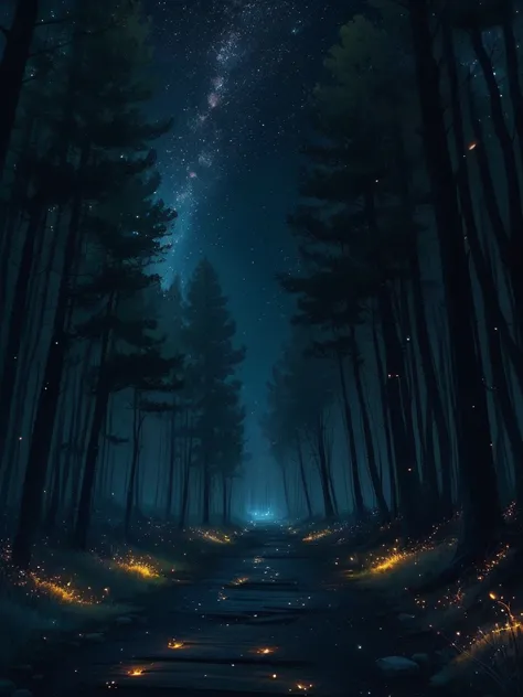 fireflies flying in the night sky above a forest path, concept art by Yang J, tumblr, conceptual art, fireflies and sparkling wisps, magical forest with fireflies, glowing fireflies, fireflies!!!!, firefly forest at night, fireflies!!, cozy night fireflies...