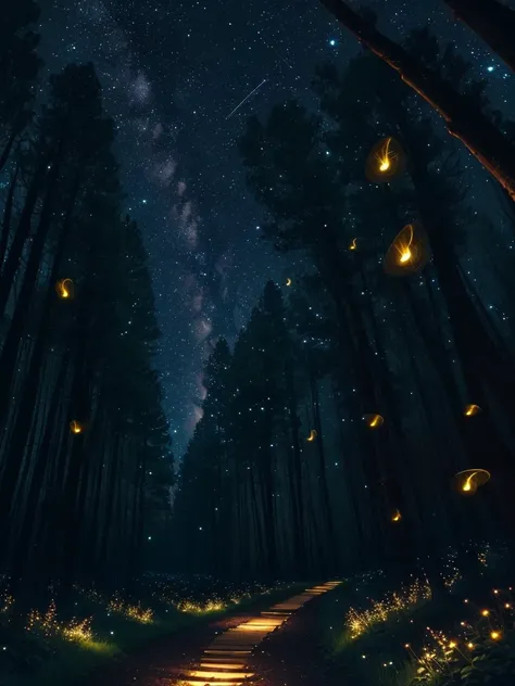 fireflies flying in the night sky above a forest path, fireflies and sparkling wisps, magical forest with fireflies, glowing fireflies, fireflies!!!!, firefly forest at night, fireflies!!, cozy night fireflies, fireflies around, fireflies glowing, fireflie...