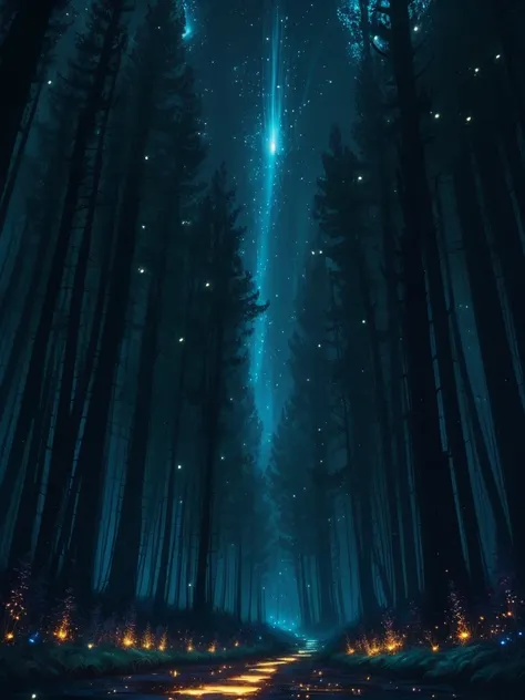 fireflies flying in the night sky above a forest path, concept art by Yang J, tumblr, conceptual art, fireflies and sparkling wisps, magical forest with fireflies, glowing fireflies, fireflies!!!!, firefly forest at night, fireflies!!, cozy night fireflies...