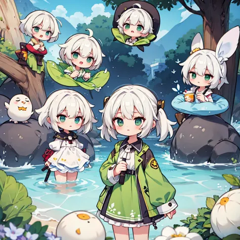 chibi girl with white hair.
 in a green little dress