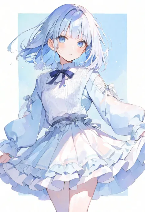 solo, Watercolor,
1. Female,
hime cut,Straight Hair,Bob Hair, WhiteアッシュlightBlue hair, ゆるふわパーマ,
Blue Eyes,Soft look,Lolita,18 years old,
セーラー服,Thin knit,stylish,tits,
skin,照れ顔,キラキラした目,
blue background,