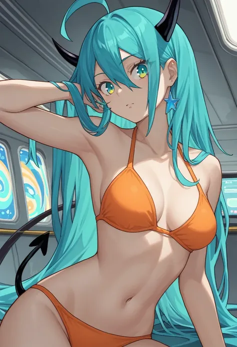 score_9, score_8_up, score_7_up,1 daemon woman, black  demon horns, black demon tail, (aquamarine hair),aquamarine green color hair,ahoge, long hair, (long hair),bangs, light orange bikini, bikini is orange, bikini orange, orange bikini!, (aquamarine eyes)...