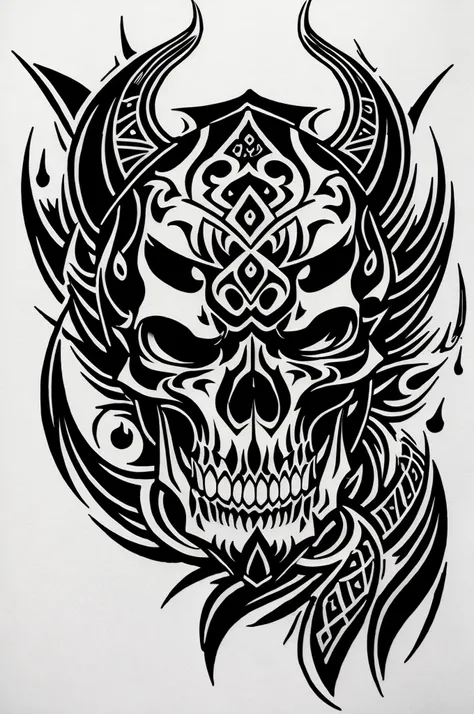 Tattoo Design、A tribal design combining a skull and a samurai helmet。Black and white and simple。Mix of tribal flame patterns、