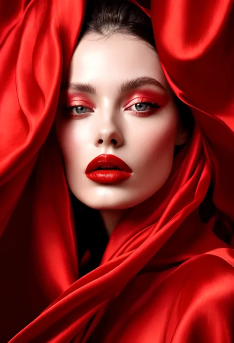 beautiful woman with her eyes covered in red silk, photographed in the style of fashion photographer Hedi Slimane. The background is an abstract composition made entirely of red fabric. Her lips have glossy lipstick on them. --ar 3:4 --s 1000