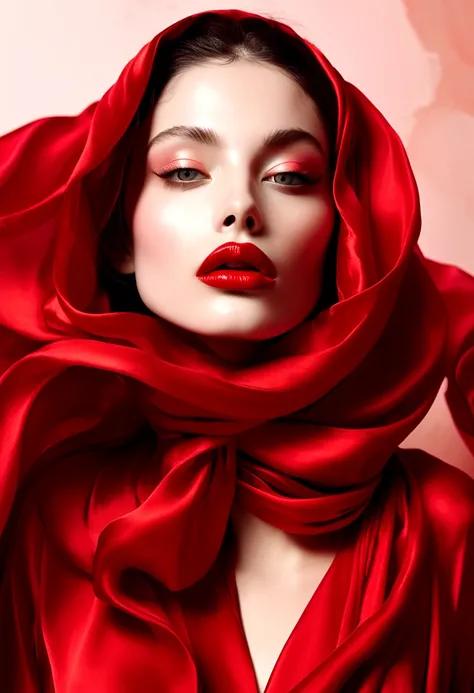 beautiful woman with her eyes covered in red silk, photographed in the style of fashion photographer Hedi Slimane. The background is an abstract composition made entirely of red fabric. Her lips have glossy lipstick on them. --ar 3:4 --s 1000