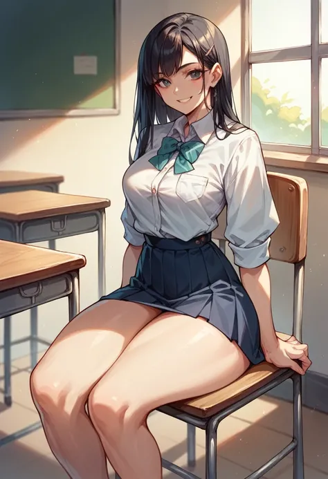 beautiful girl, solo, full-bodied, standing, long black  hair,  medium breasts, JK, high school outfit , soft smile, sitting on the chair, thick thighs 