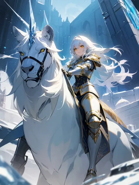 a white-haired woman with yellow eyes in silver armor riding a white lion with a blue mane, in the background a castle made of crystals and ice.