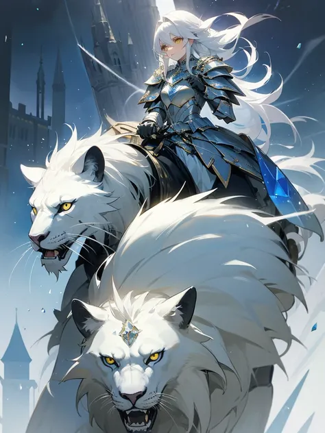 a white-haired woman with yellow eyes in silver armor riding a white lion with a blue mane, in the background a castle made of crystals and ice.