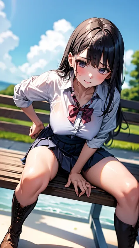 ((Angle from directly below))、Highest quality、sitting on a park bench、Put your feet on the bench、female、Age 25、成熟したfemale性、Black Hair、long hair、Straight Hair、White collared shirt、((Button up、Navy blue pleated skirt、Brown boots))、Pink Panties、Leg spread、Spr...