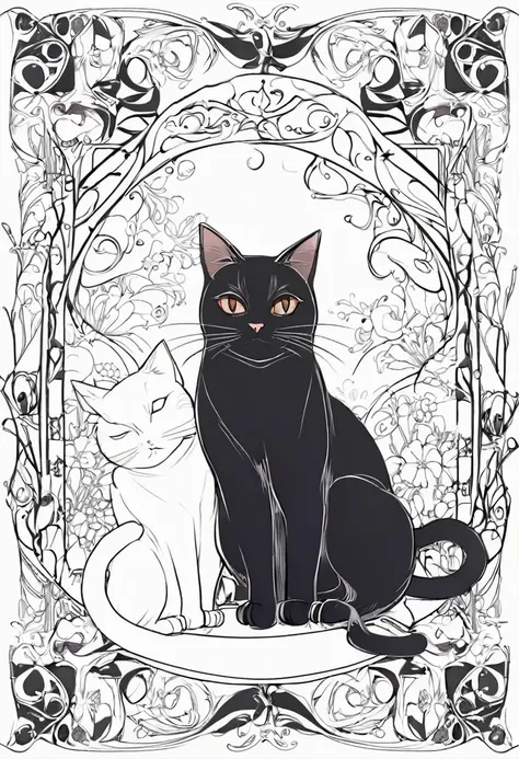 white and black cat with a white background, ploynesian, garden, art for coloring book page, full white background, only use outline, line art, clean line art, mandala for coloring with nature ornaments, simple and clean line art, adorned in Art Nouveau st...