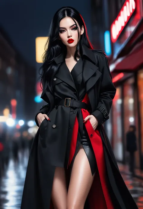 Modern Girl，Black trench coat，belt，High slit，Long legs，Black hair bundles，Red lips，cool