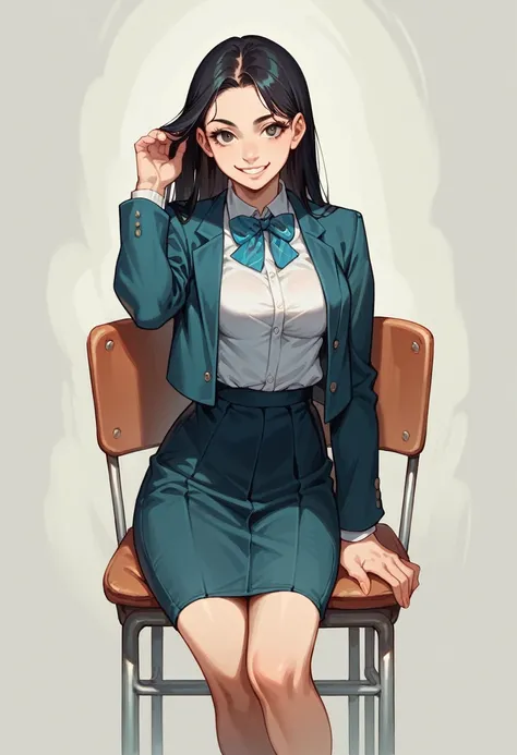 beautiful girl, solo, full-bodied, standing, long black  hair,  medium breasts, JK, high school outfit , soft smile, sitting on the chair, model pose