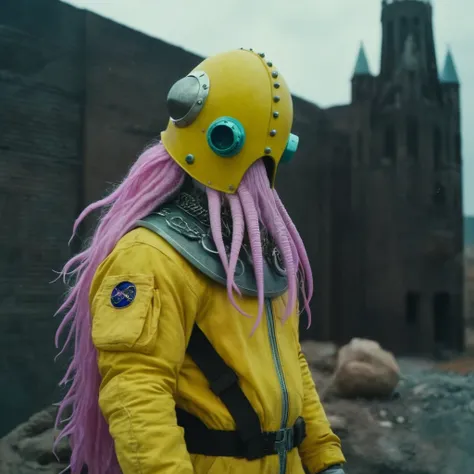 Horror-themed,  In an ancient and mysterious city a person wearing a yellow helmet with pink dark spikes on it carcosa city style, Don Bluth Style ASTRONAUT Cthulhu yellow Toon Doll, full body RAW candid cinema, cyan hair, 16mm, color graded portra 400 fil...