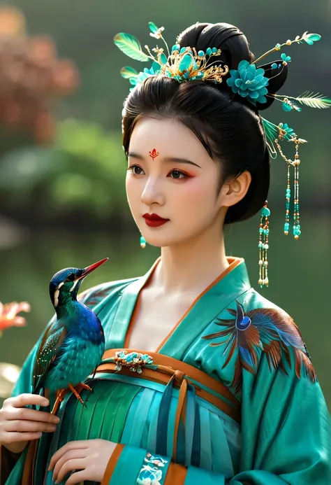 1 girl wearing traditional blue-green kingfisher feather hanfu , wearing exquisite accessories，high bun，wearing a blue-green kin...