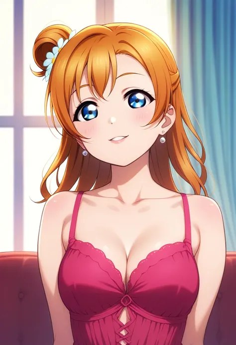 Honoka kousaka love live, blue eyes, orange hair,hair flower, solo, Fashion ,closeup cleavage, boobgasm, bshoulders, perfect  eyes, Perfect iris，Perfect skin，Soft front light，Casual，indoors；（pastel colour：1.2）