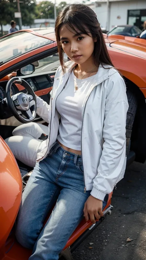 Realistic pilipina girl wearing a white jacket and jeans sitting in black repsol motor.