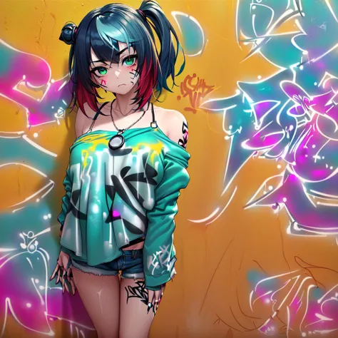 masterpiece, Best quality, 1 girl, One, crop top, denim shorts, necklace, (graffiti:1.5), splashes of paint, hands behind your back, near the wall, Looking at the viewer, armband, thigh strap, Paint on the body, head tilt, bored, multicolored hair, sea gre...