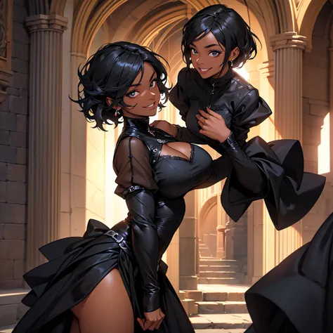 A woman, 22 years old, black skin, dark skin, mischievous smile, big breasts, mischievous smile, curious look, medieval period, wearing a black dress, wearing a black dress, wearing a black tuxedo, medieval background , Ultra HD 4k, 4k, Ultra HD