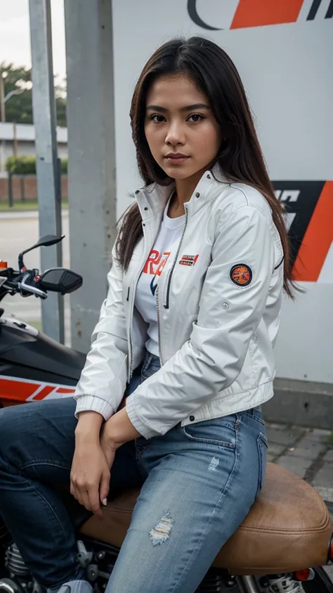 Realistic pilipina girl wearing a white jacket and jeans sitting in black repsol motorbike.