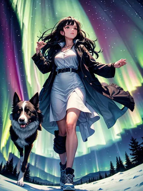 Highest Resolution,Highest quality,A woman watches the aurora borealis with her border collie,