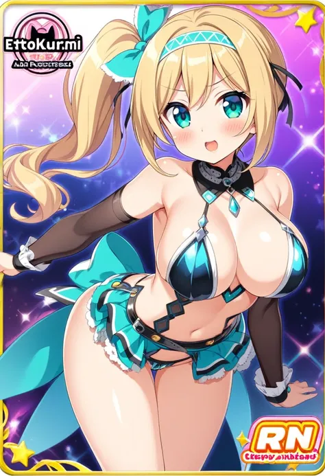 Etokurumi, Blonde hair, Headband, Hair accessories, Side Ponytail, short hair, Aqua eyes,, Large Breasts, Big butt，Hip skirt，Revealing clothes