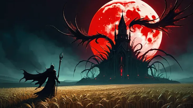 Under the ominous glow of a blood-red moon, a lone wheatfield stretches out, its golden stalks rustling eerily in the night breeze. Amidst this sea of swaying grain, a small, sinister creature lurks, its malevolent presence casting a shadow over the tranqu...