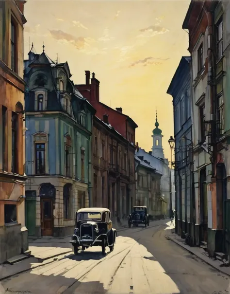 picture of a street with buildings and a car on it, based on Alexandre Benois, Alexander Deineka, inspired Alexander Ivanovич Лактионов, inspired Alexander Ivanov, Alexander Ivanov, author Georgy Papazov, based on Yuri Ivanovich Pimenov, Alexander Ivanovич...