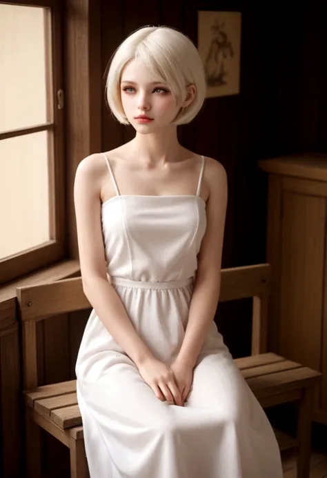 from side, upper body, BJD, doll joints, doll joints, BJD made of pure white glazed ceramics, electric drive, A fantastic and aesthetic image, Large half-closed golden glass eyes, urban style Pure white very short hair, a thin and haggard face, face withou...