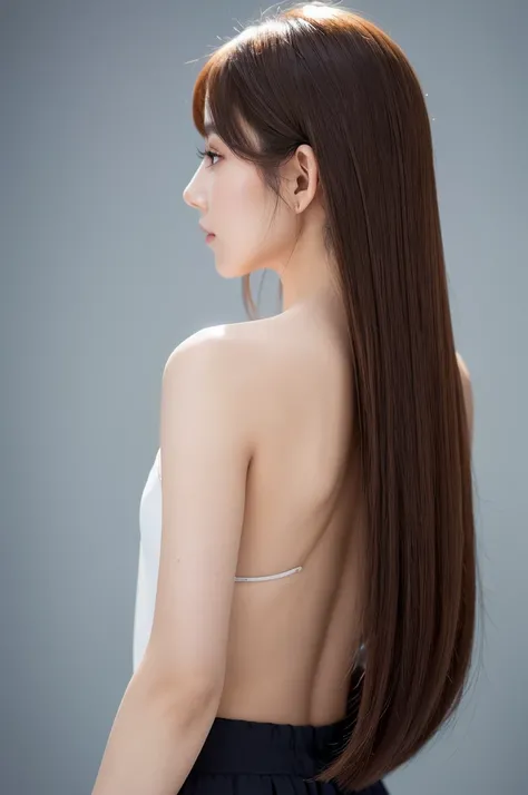 A woman with beautiful hair、Only hair、Back view、photograph、high resolution、straight、natural、White background、Smooth、Fluttering