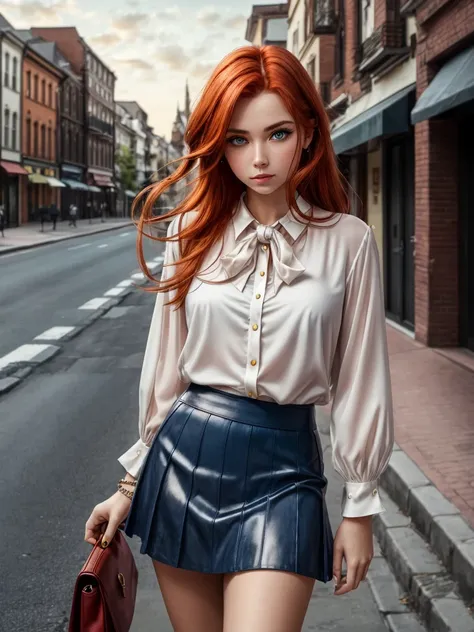 a blue-eyed red-haired girl wearing a feminine blouse and a short skirt,  sultry look, seductive, detailed modern day street in background
