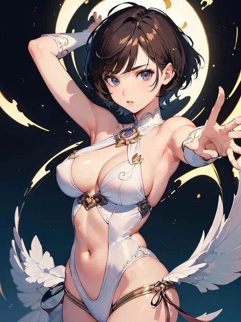 ((Masterpiece))，(Best Quality)，(Super intricately detailed)，(Highest resolution)，(8K)，(Clean lines)，(Perfect Face，Perfect meat)，(Official Art)，Magical girl, 15 years old, , Cowboy Shot, ((Short Hair:1.8)),  BREAK , (huge breasts), Night Sky