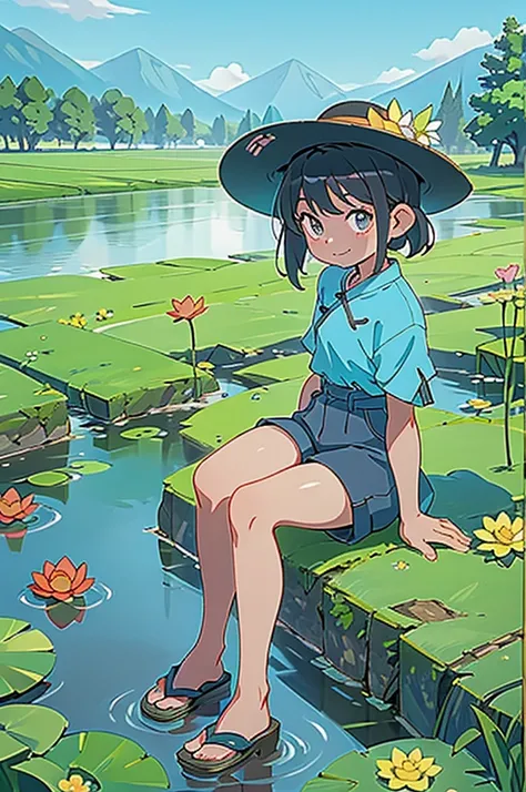 Beautiful summer scenery in Chinese countryside，3 cute and lively kids，Black hair，They all wore straw hats，They are wearing short sleeves and shorts，Roll up your trouser legs，Sitting by the clear pond and laughing，There are tall lotus leaves in the stream。...